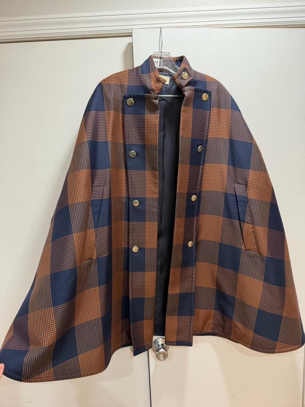 Temperley London Navy and Brown Plaid Double-Breasted Cape Coat